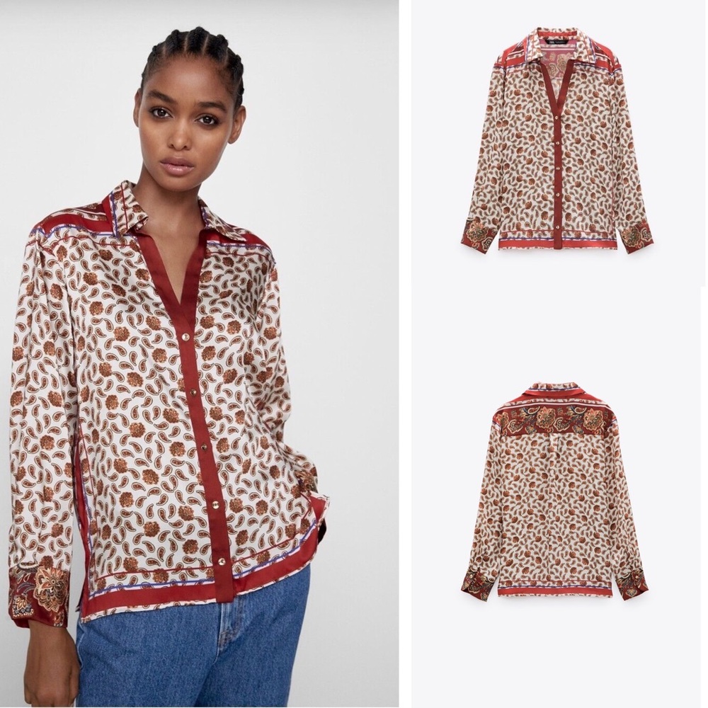 Zara Bold Print Satin Button Up Top XS Preowned